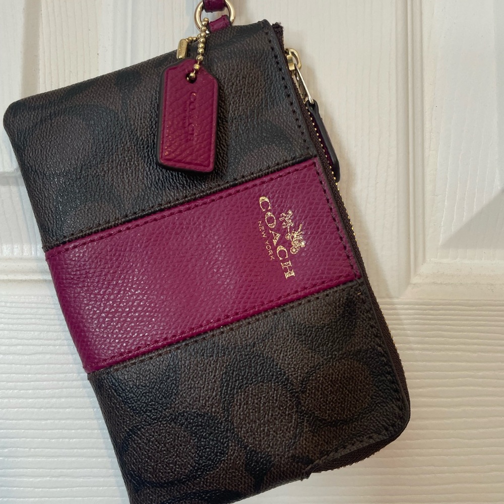 Coach Wristlet with Brown and Magenta Accents